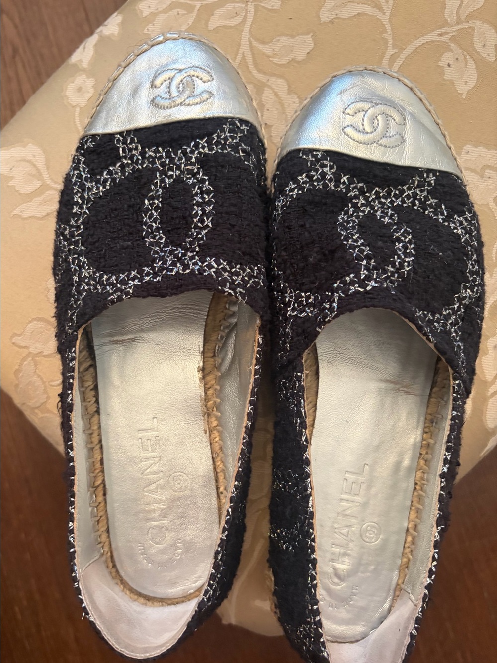 Chanel Black Tweed Espadrilles with Silver Cap Toe size 39